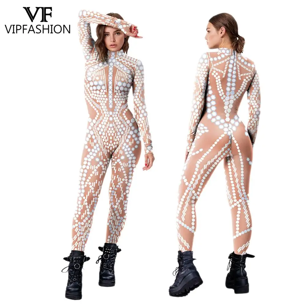 VIP FASHION Sequin Pattern Jumpsuits Women Cosplay Costume Adult Zentai Fitness Bodysuits Long Sleeve Back Zipper Party Outfit