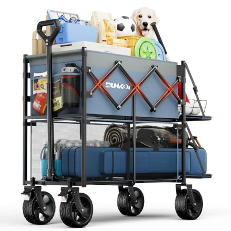 

Double Decker Wagon 320L Large Capacity 400LBS Collapsible Sports Utility Cart with Big WheelsDouble Extended Tailgate Heavy Du