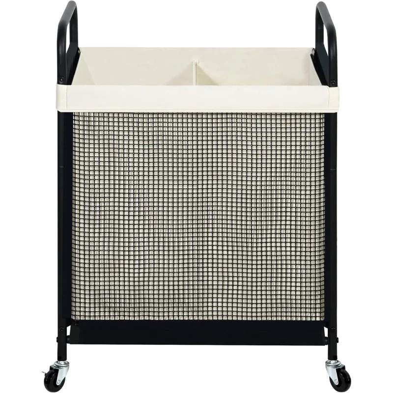 

100-литровая двухсекционная тележка для сортировки белья с съемными моющимися мешками - тележка-корзина на колесах с металлической ручкой для прачечной