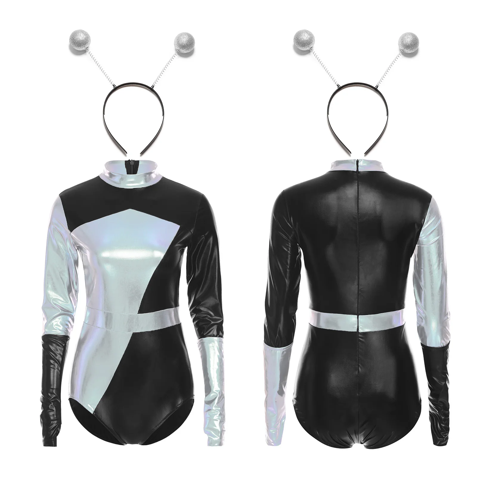 

Women Halloween Holographic Alien Astronaut Robot Role Play Performance Bodysuit with Gloves And Headwear Set for Themed Party