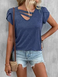 Chic Hollow V-Neck Petal Short Sleeved Top Women Solid Color T-Shirt Summer Casual Tee