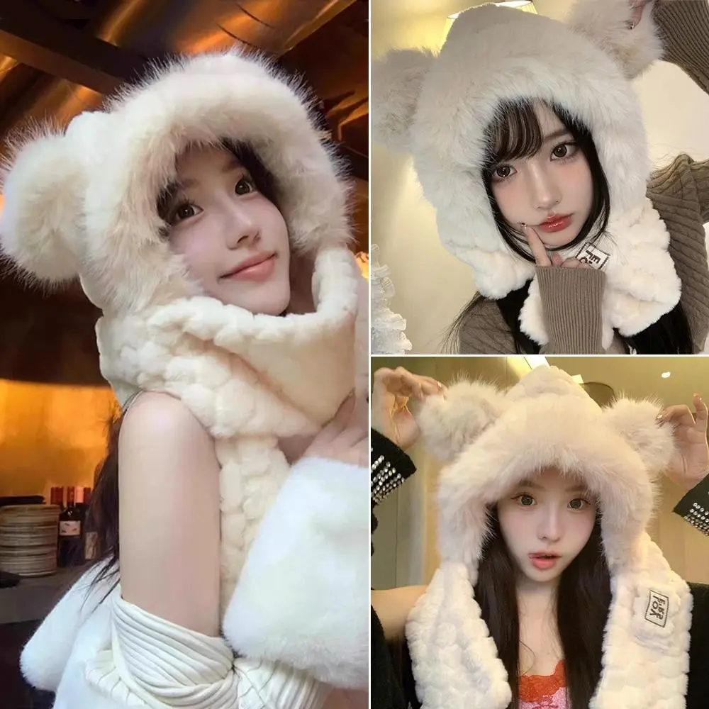 Set topi dan syal musim dingin berbahan plush, hangat, anti-angin, lembut, kasual, untuk luar ruangan