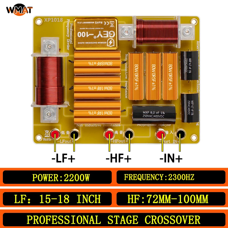 

1018/оборудование для выступлений на сцене, 2-полосное, 2200 Вт для низкочастотных динамиков высокой мощности 15-18 дюймов и твитера с сердечником 72-100, точка кроссовера 2300 Гц