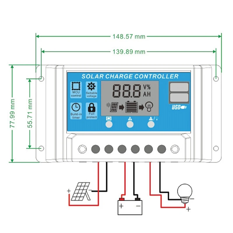 30A Solar Charge Controller With 5V Dual USB Ports Display Adjustable Parameters LCD Display And Timer Set On/Off Time