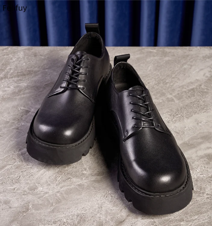 British Style Mens Derby Shoes Round Toe Formal Shoes Comfortable Genuine Leather Business Casual Footwear Platform Sneakers