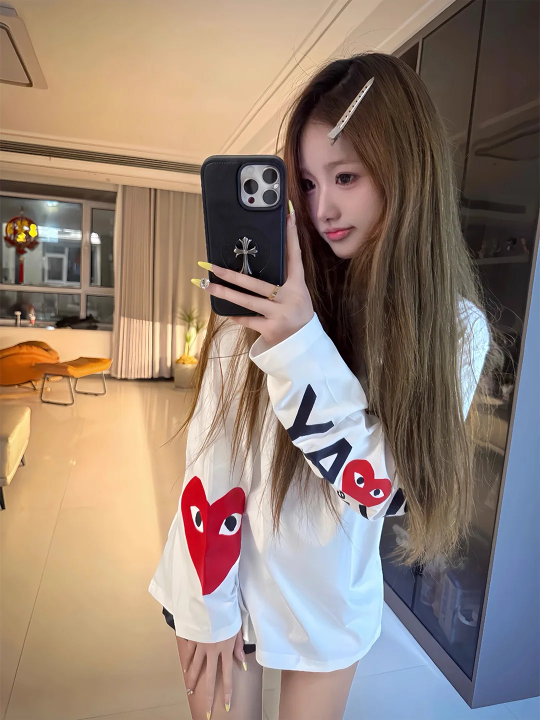 تي شيرت فضفاض من القطن طويل Sve للسيدات للخريف Faion Street Love Letter Round Ne Print Top Korean Sle Creative Pat... #1