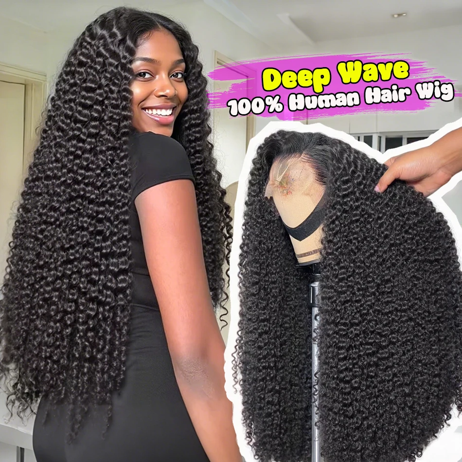 

13X6 Hd Lace Frontal Wig Deep Wave Human Hair Wigs Glueless Curly Lace Front Wig Natural Black 30 40 Inch PrePlucked 250 Density