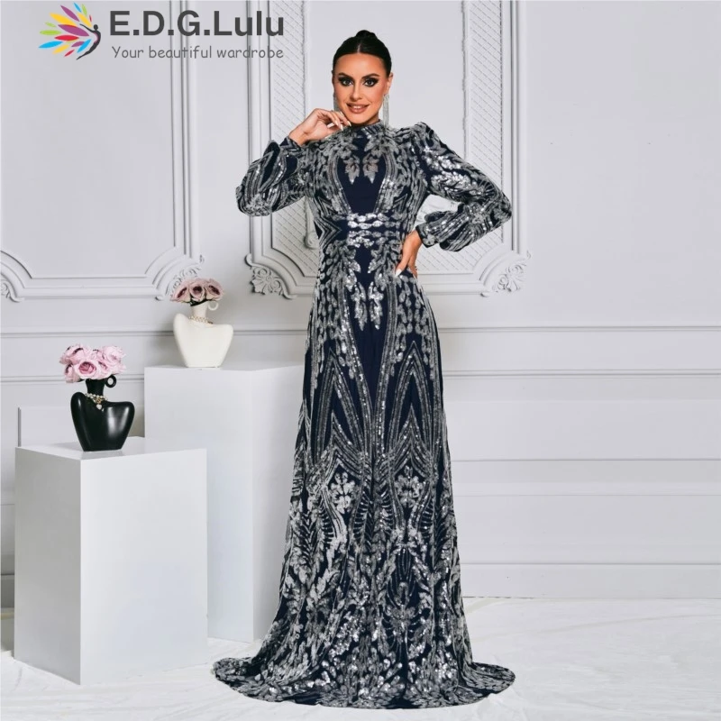 

EDGLuLu Stand Collar Long Sleeves Silver Floral Glitter Evening Luxury Dress 2024 Autumn Elegant Long Mermaid Dresses 0823