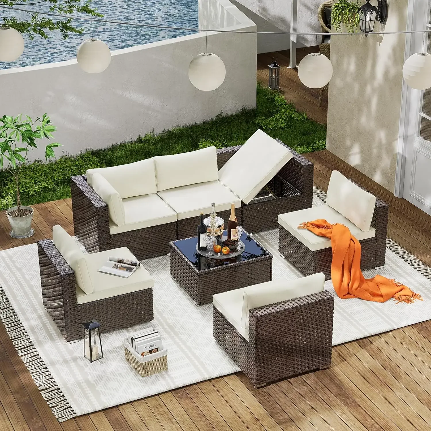 Möbelset, modulares Sofagarnitur für den Außenbereich, Terrassensofa aus Korbgeflecht, Couchtisch mit Stauraum und verstellbarem Ecksofa für den Balkon.