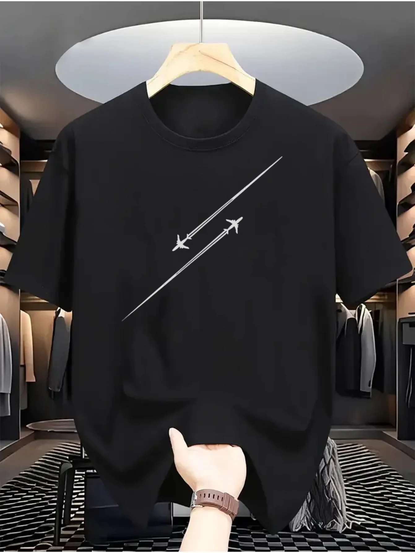 

Creative airplane pattern print, casual outdoor sport style. Men's summer short-sleeved round-neck T-shirt 100% pure cotton