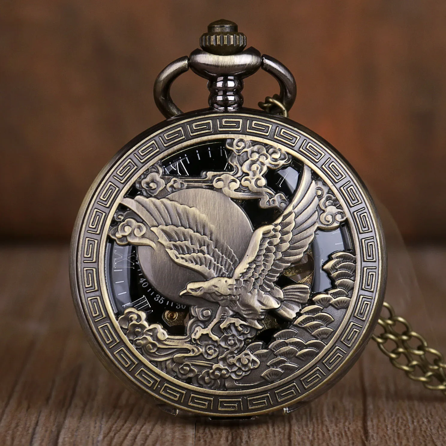 Seton-Montre de poche mécanique pour homme, modules à motif aigle vintage, Steampunk personnalisé, montre à main antique, porte-clés à vent