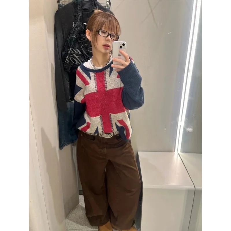 New autumn and winter national flag rice jacquard knitted sweater printed with British casual men's and women's styles