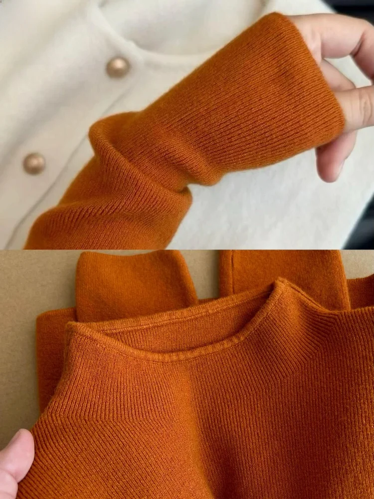 Chic Soft Knitted Half High Neck Pumpkin Orange Base Shirt Women's Inner Wear Top Korean Style Slim Fit Long Sleeve Polyester...