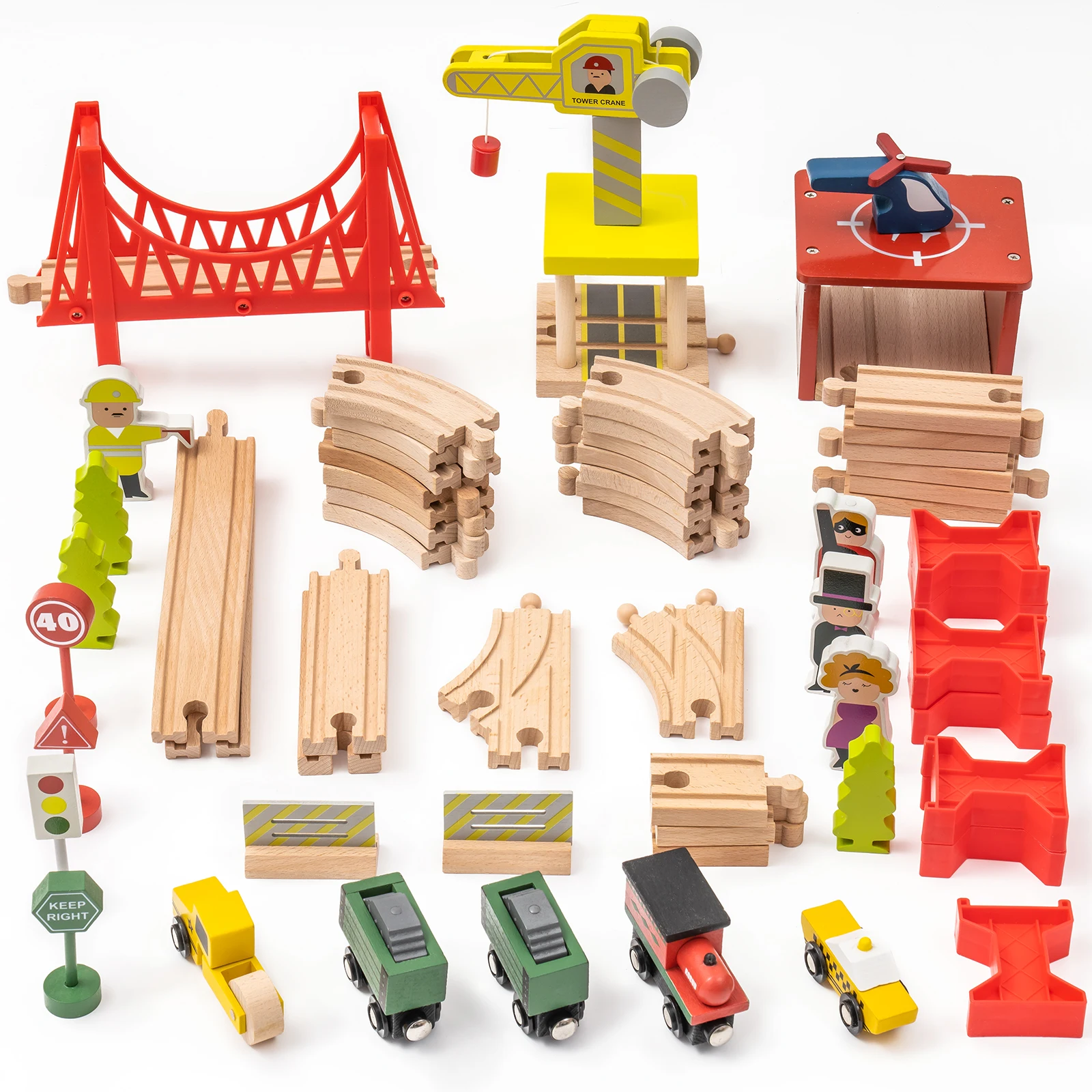 Wooden Train Set Wooden Train Track Set with Magnetic Trains Bridge Ramp Toy Train Set for Kids (5 pcs an order)