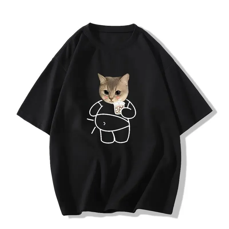 Modern Funny Cat Graphic T-Shirt Bubble Tea Print Short Sleeve Tee Harajuku Style Men Women Summer Fashion Casual Streetwear Art