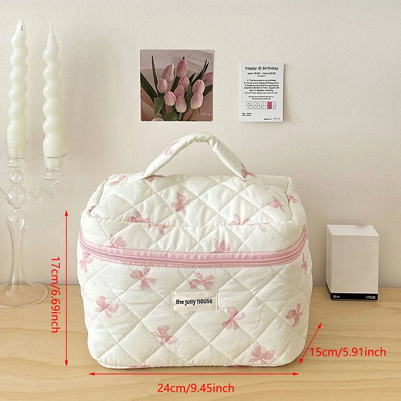 Portable Quilting Cosmetic Bag Ladies Large Capacity Travel Organizer Washbag Cute Bow Knot Pattern Make Up Zipper Storage Bag