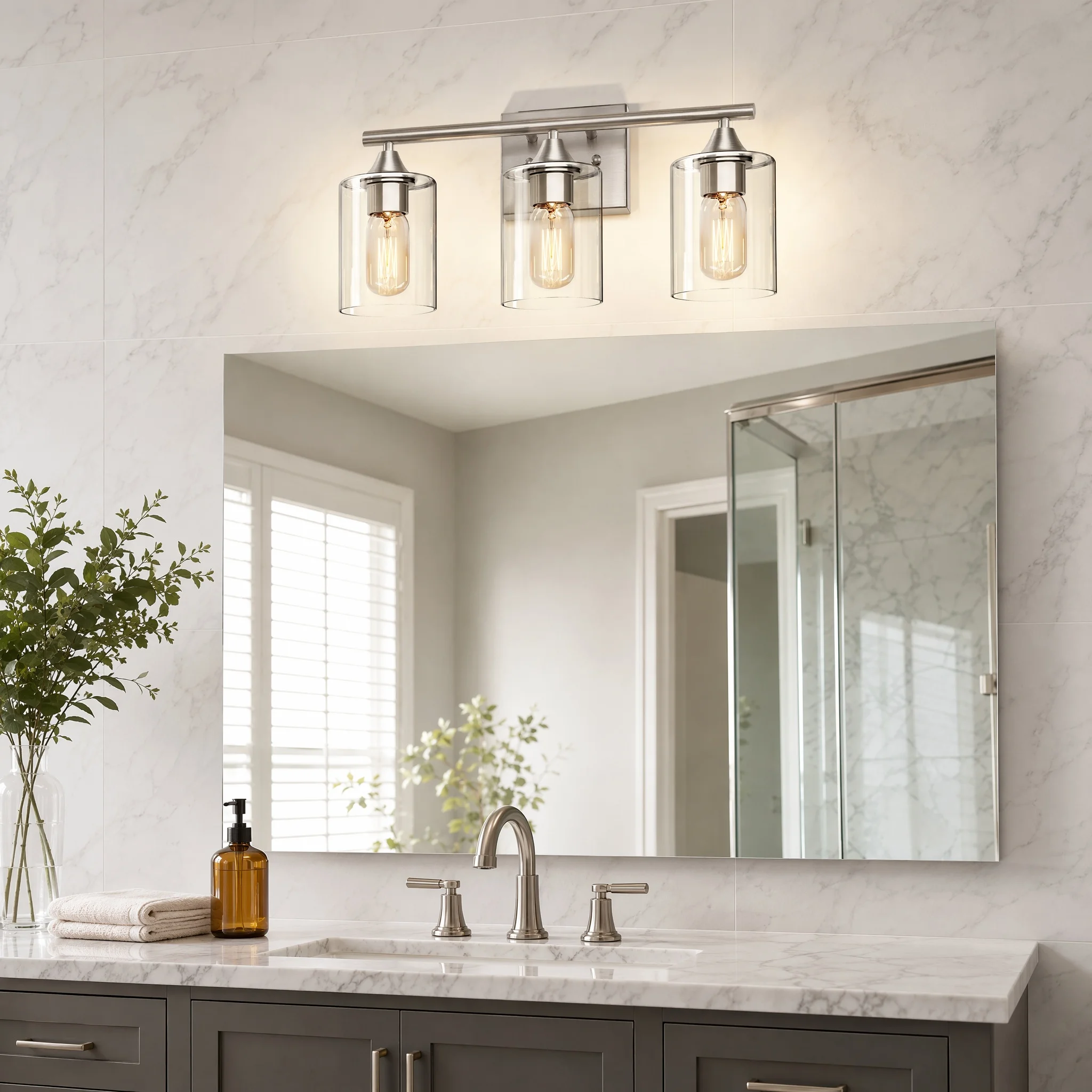 3-Light Brushed Nickel Bathroom Vanity Light, Clear Cylinder Glass Wall Sconce, Transitional Moisture-Proof Wall Lamp for Guest Bath, Entryway (Bulbs Not Included)