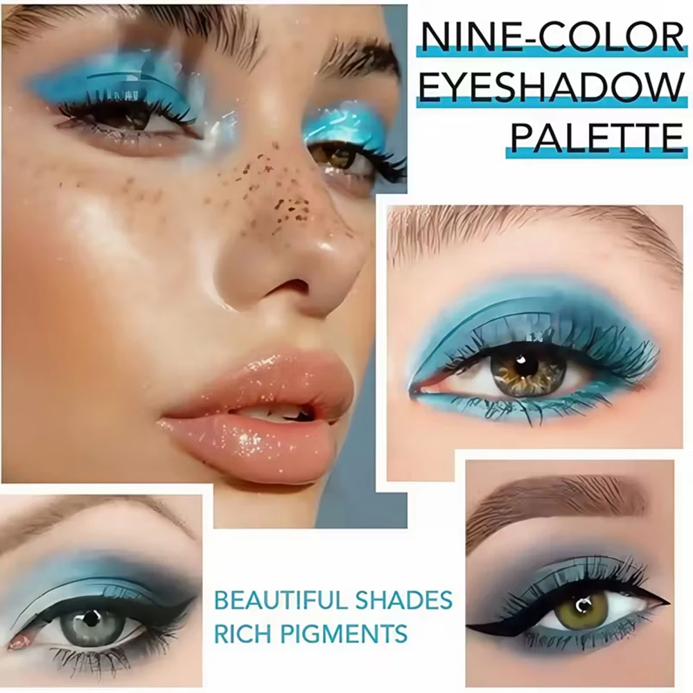 Palette di ombretti blu a 9 colori, tonalità luccicanti perlescenti opache, impermeabili, resistenti al sudore, a lunga durata, facile miscelazione, unisex