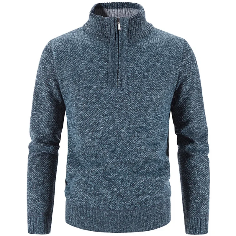 Jersey de punto de cuello alto para hombre, suéter de lana ajustado informal liso con media cremallera más gruesa de lana para otoño e invierno 2024