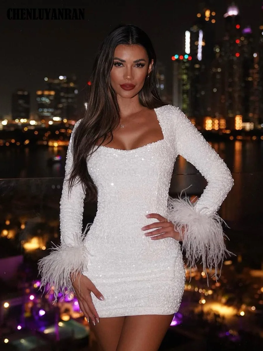 

Ivory Sequin Formal Occasion Dresses V-Neck Long Sleeves Sexy Party Dress Shinny Sheath Mini Cocktail Gowns فساتين مناسبة رسمية