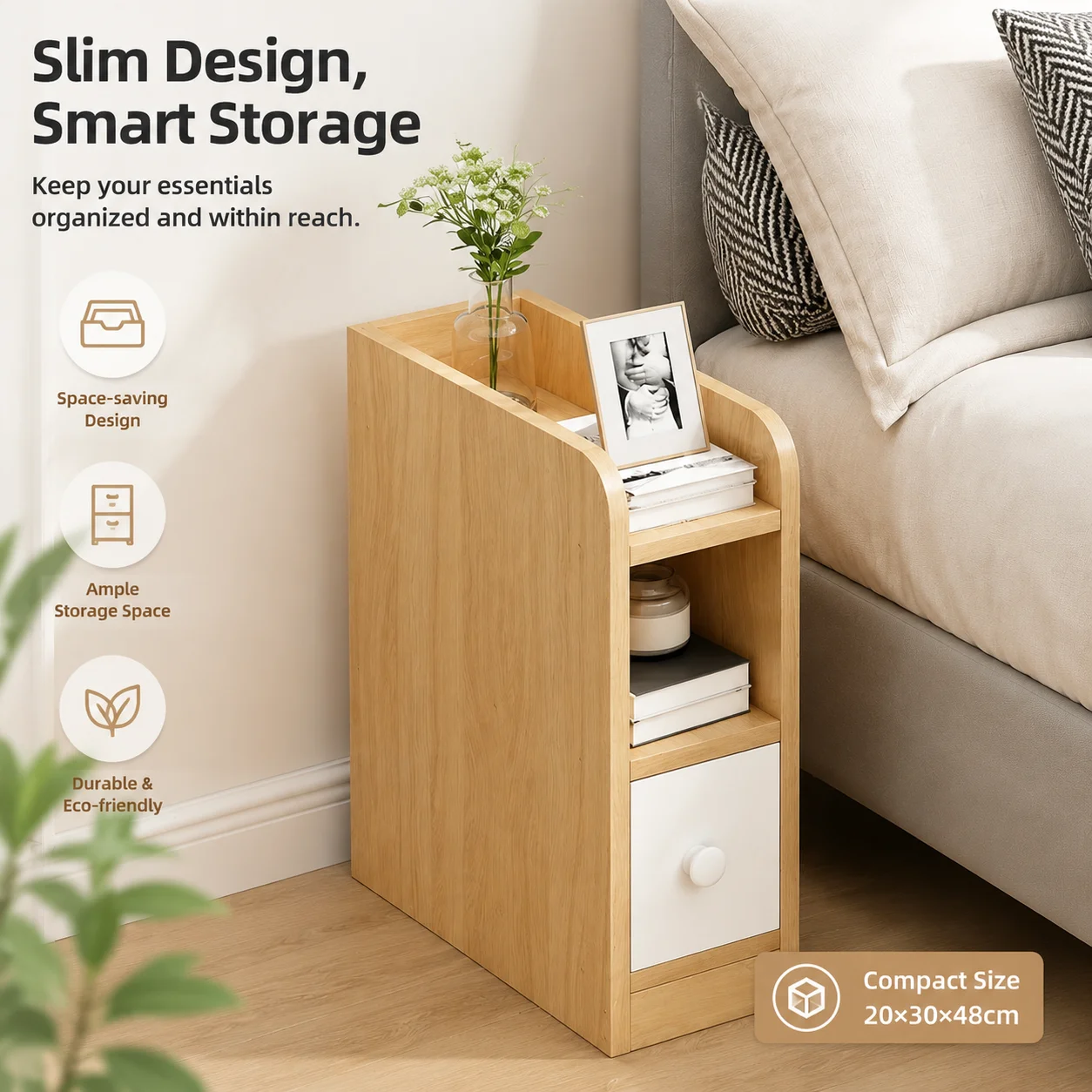 Minimalist Narrow Wooden Bedside Table – 20/25/30/40cm Width, Natural Fine-Grain Finish, Space-Saving Storage for Small Bedroom
