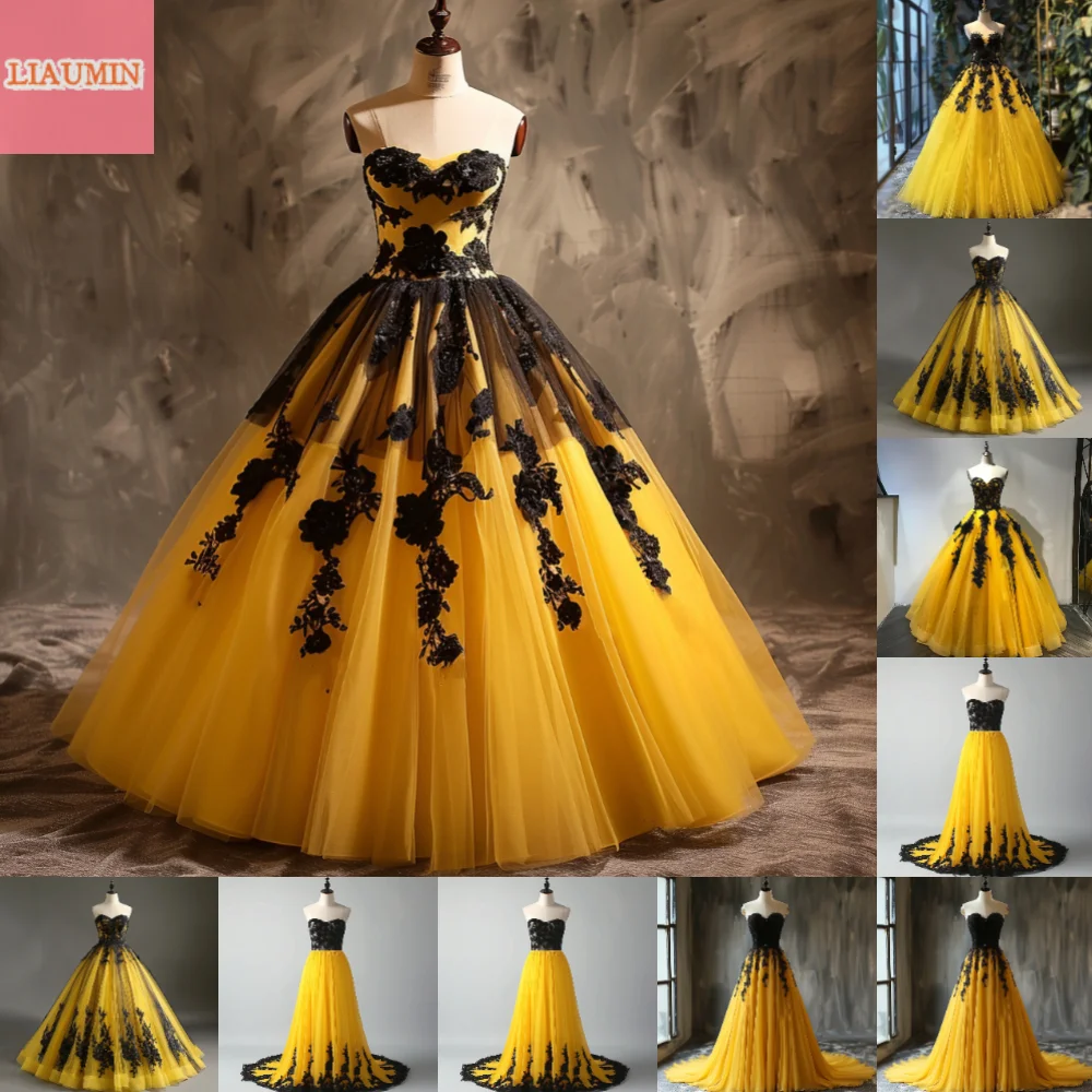 Yellow and Black Lace Applique Strapless Ball Gown Full Length Evening Formal Occasion Party Prom Dress Customized W11-12