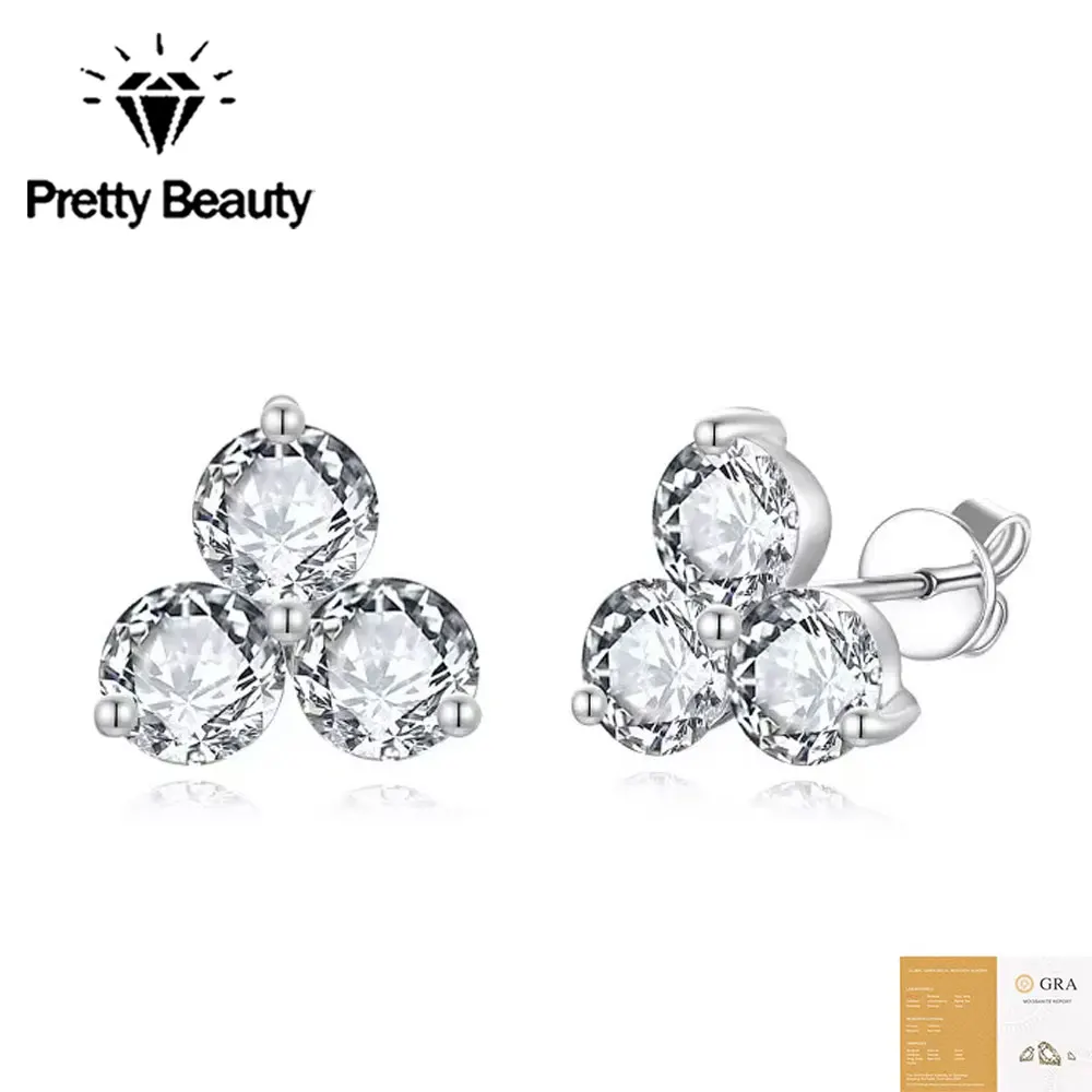 Pretty Beauty Moissanite Clover Stud Earrings for Women 3 Stone Cluster Diamond Earrings S925 Silver Hypoallergenic Jewelry Gift
