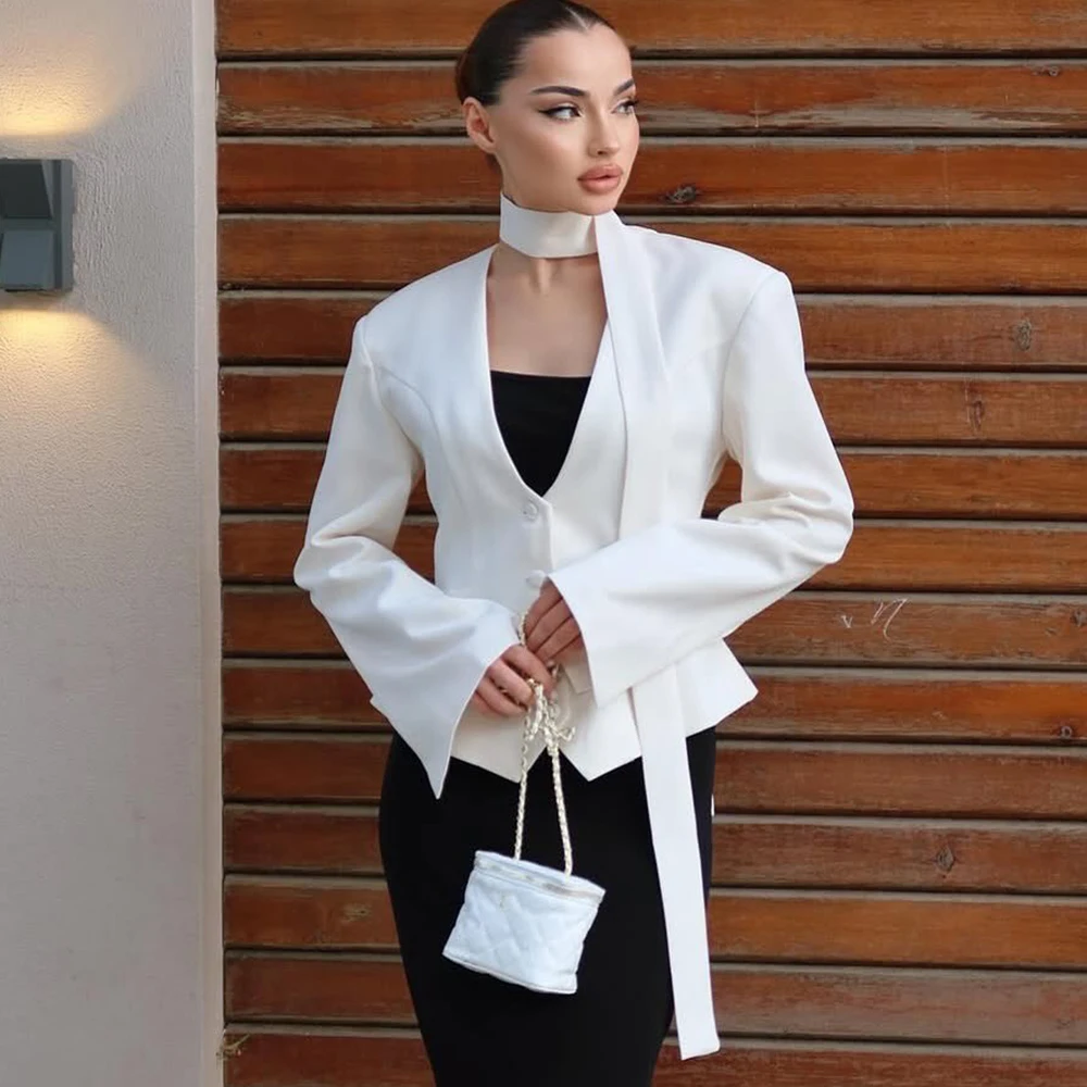 Ticketsx V Neck Scarf Blazer Jacket Women's Elegant Cinched Waist Single Breasted Full Sleeve Coat Female Casual Slim Blazers
