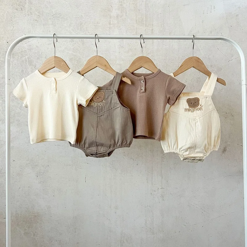 

INS Newborn Baby Clothes 0-3Years Infant Boy Girl Short Sleeve Solid Cotton T-shirt+Bear Embroidery Romper Suspender Shorts Suit