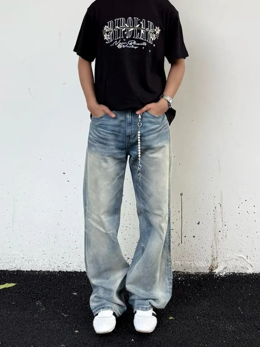 

American High Street Vintage Waed A-Line Men's Jeans Loose Wide Leg Straight Cut Denim Pants Casual Wear All Seasons