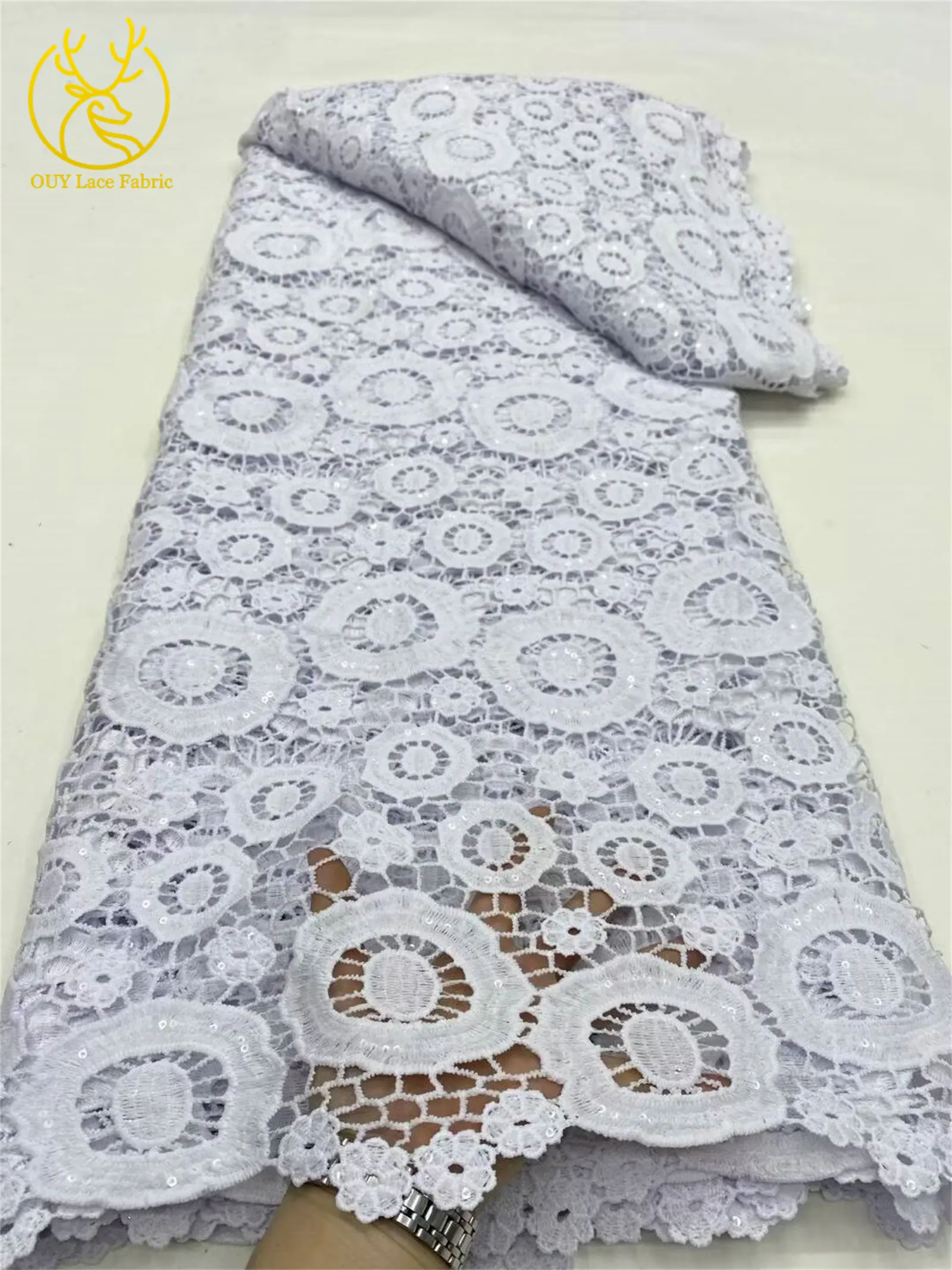 White African Guipure Sequin Lace Rope Weave Fabric 2025 Hot Sale Nigeria Water Soluble Lace Fabric for Women's Evening Gowns