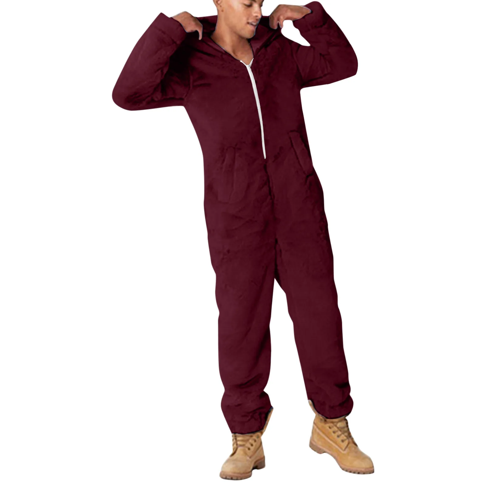 Men Artificial Wool Long Sleeve Pajamas Casual Solid Color Zipper Loose Hooded Jumpsuit Pajamas Casual Winter Warm Sleepwear