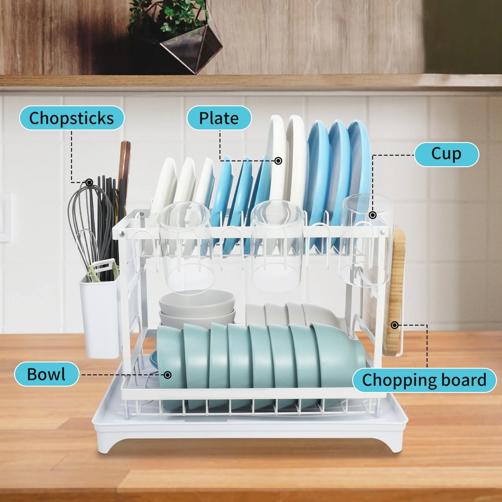 رف تجفيف الأطباق قابل للفصل والطي من طبقتين، منظم تجفيف الأطباق ذو سعة كبيرة مع لوح تصريف، منظم أدوات المائدة في المطبخ