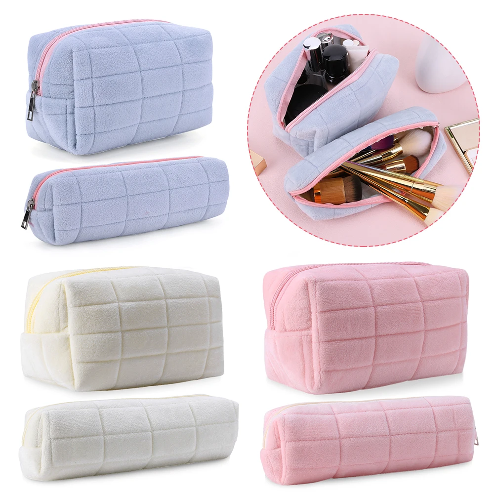 Zipper Large Solid Color Makeup Bag Plush Cosmetic Organizer Bag Kawaii Pencil Case for Women Travel Make Up Toiletry Bag ﻿