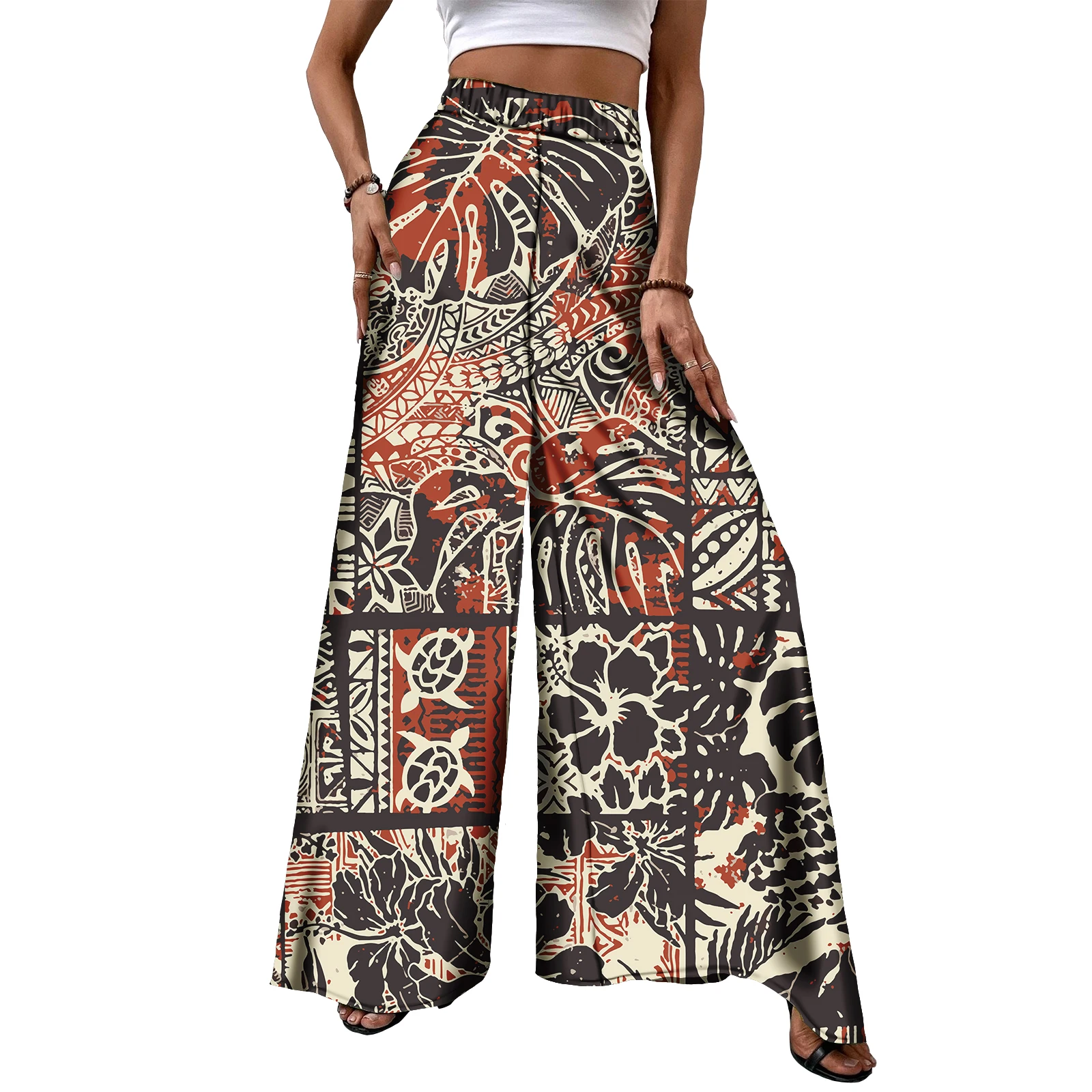 Tall Waist Casual Wide Leg Pants Polynesian Tribal Samoan Puletasi Women Wide Leg Pants  Island Trousers