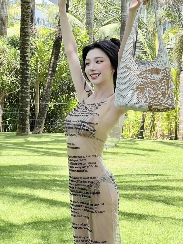 Abito aderente con stampa di lettere per le donne Copricostumi da spiaggia Maglia trasparente One Piece Y2k Vestiti Abiti senza maniche De Mujer