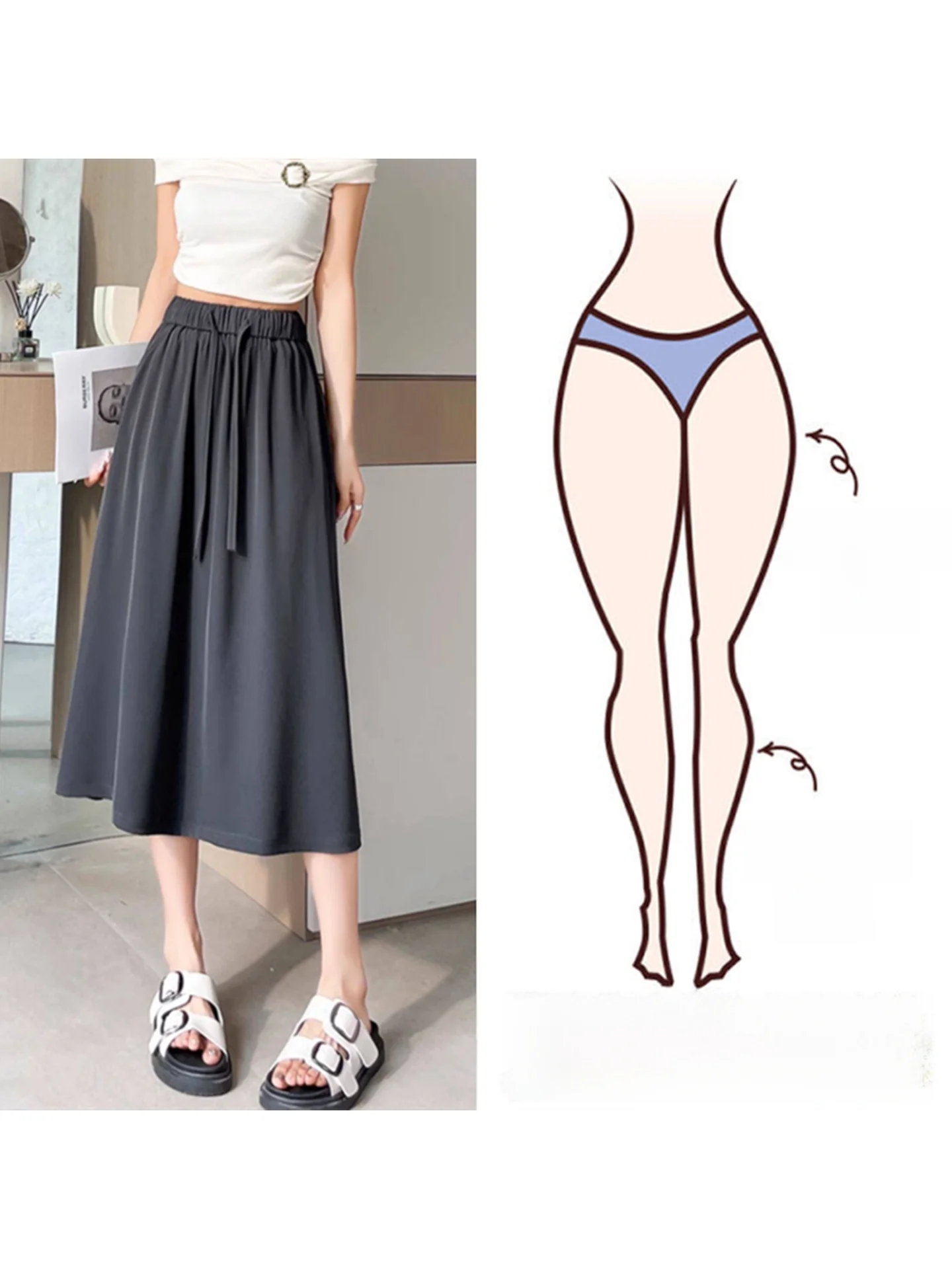 

Летняя тонкая юбка миди из ледяного шелка больших размеров, женская свободная повседневная юбка А-силуэта средней длины, скрывающая недостатки фигуры, с высокой талией, эластичная