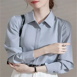 Satin Blouses Gray Blue Shirt For Women Professional Formal Blous Laple Cardigan Top Woman Shirts Button Up OL Feminine Blouse