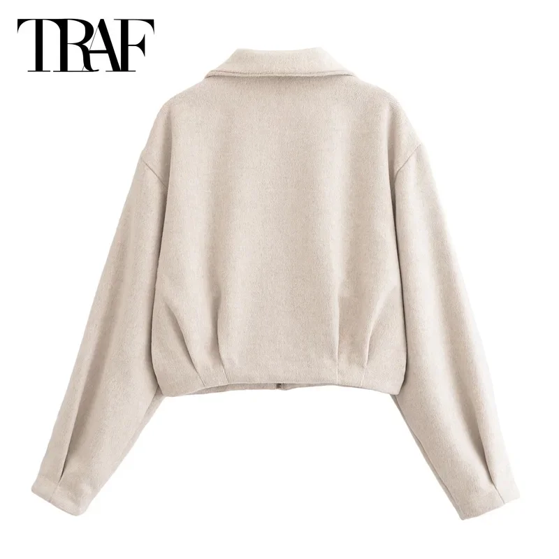 TRAF Women's Cropped Jacket 2024 Elegant Winter Long Sleeve Short Jacket Fashion Casual Beige Loose Coat New In Outerwears