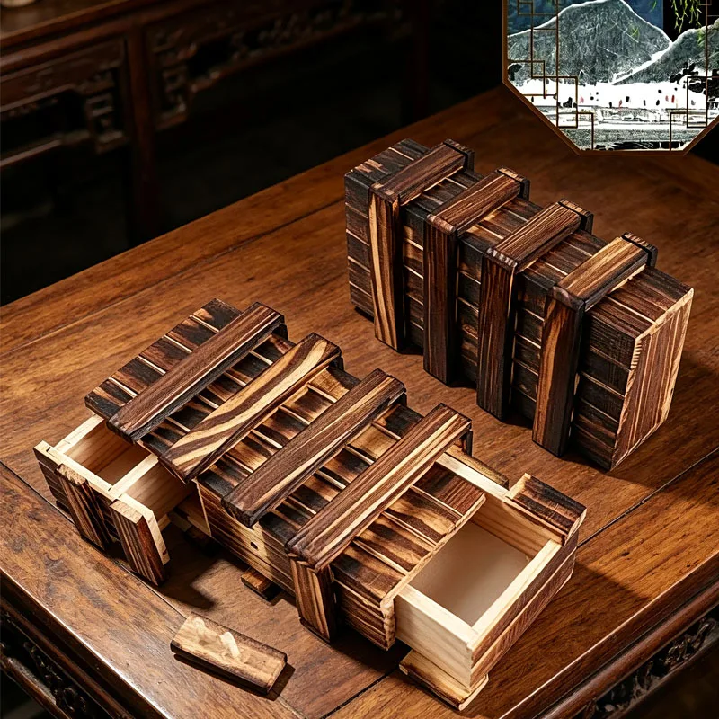Classic 3D Brain Teaser Wooden Puzzle Magic Gifts Box with Hidden Compartment Secret Drawer IQ Toys for Adults & Kids