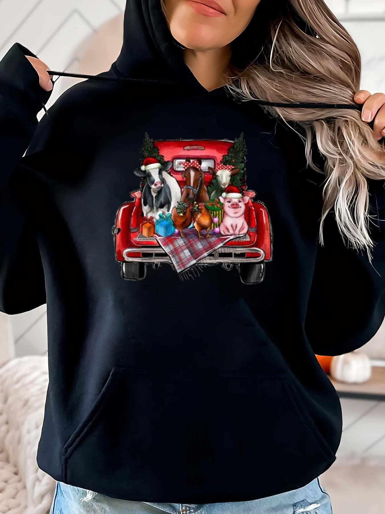 

Толстовка с рождественским принтом «Рымерные животные в грузовике», женская праздничная повседневная одежда, черная, больших размеров