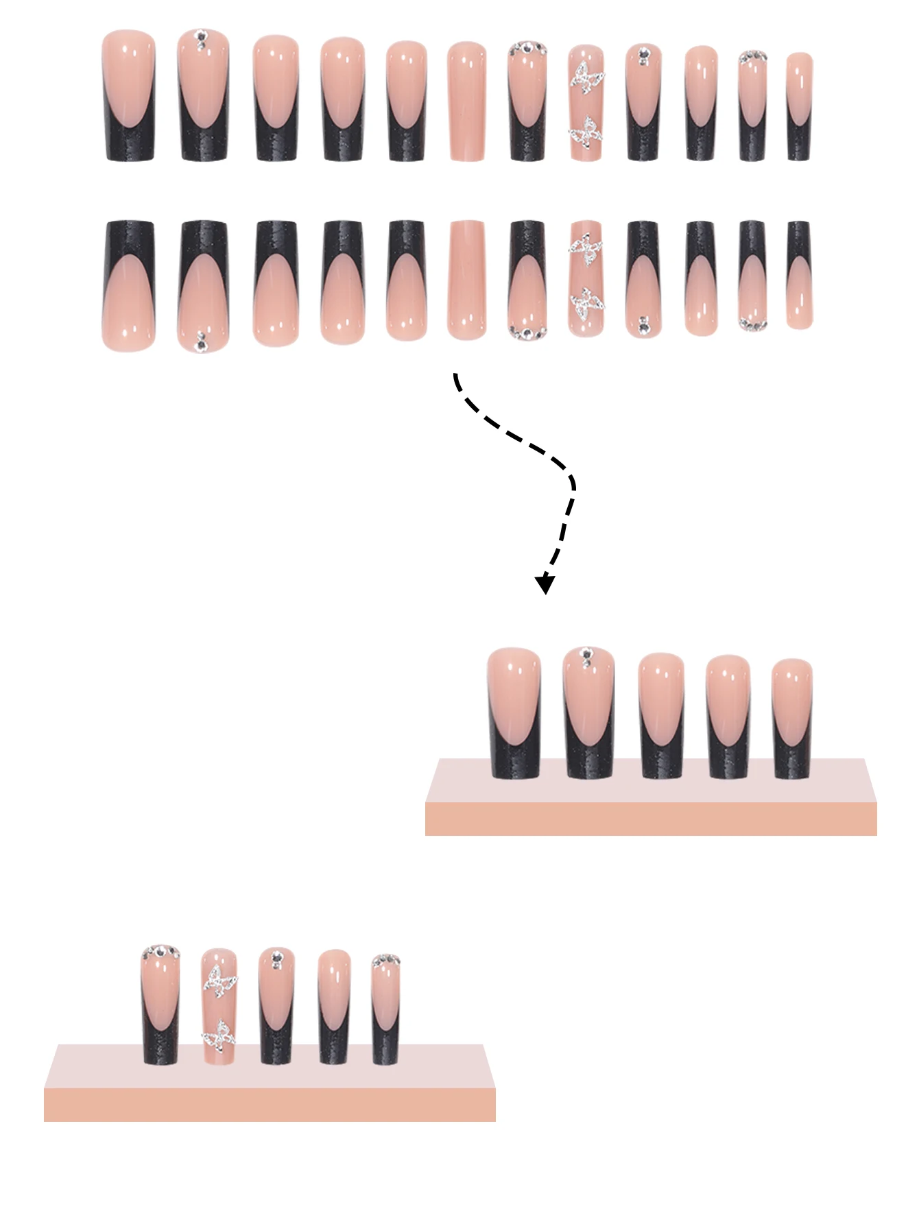 Modisches Set mit 24 rechteckigen schwarzen französischen Nagelspitzen mit Glitzer und silberner Schmetterlings-Strassverzierung – Detail 4