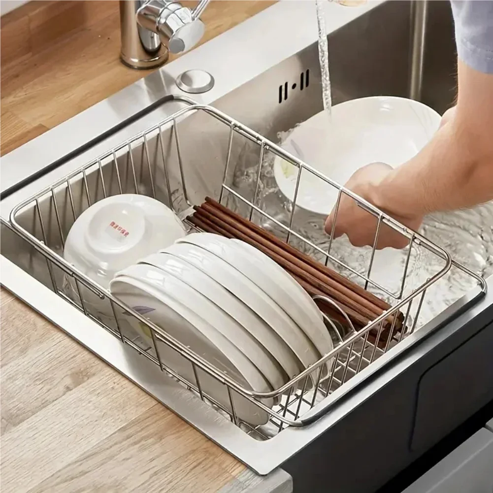 

Multi-functional Stainless Steel Drainage Basket Sink Retractable Dish Drainer Fruit and Vegetable Cutlery Storage Rack Kitchen