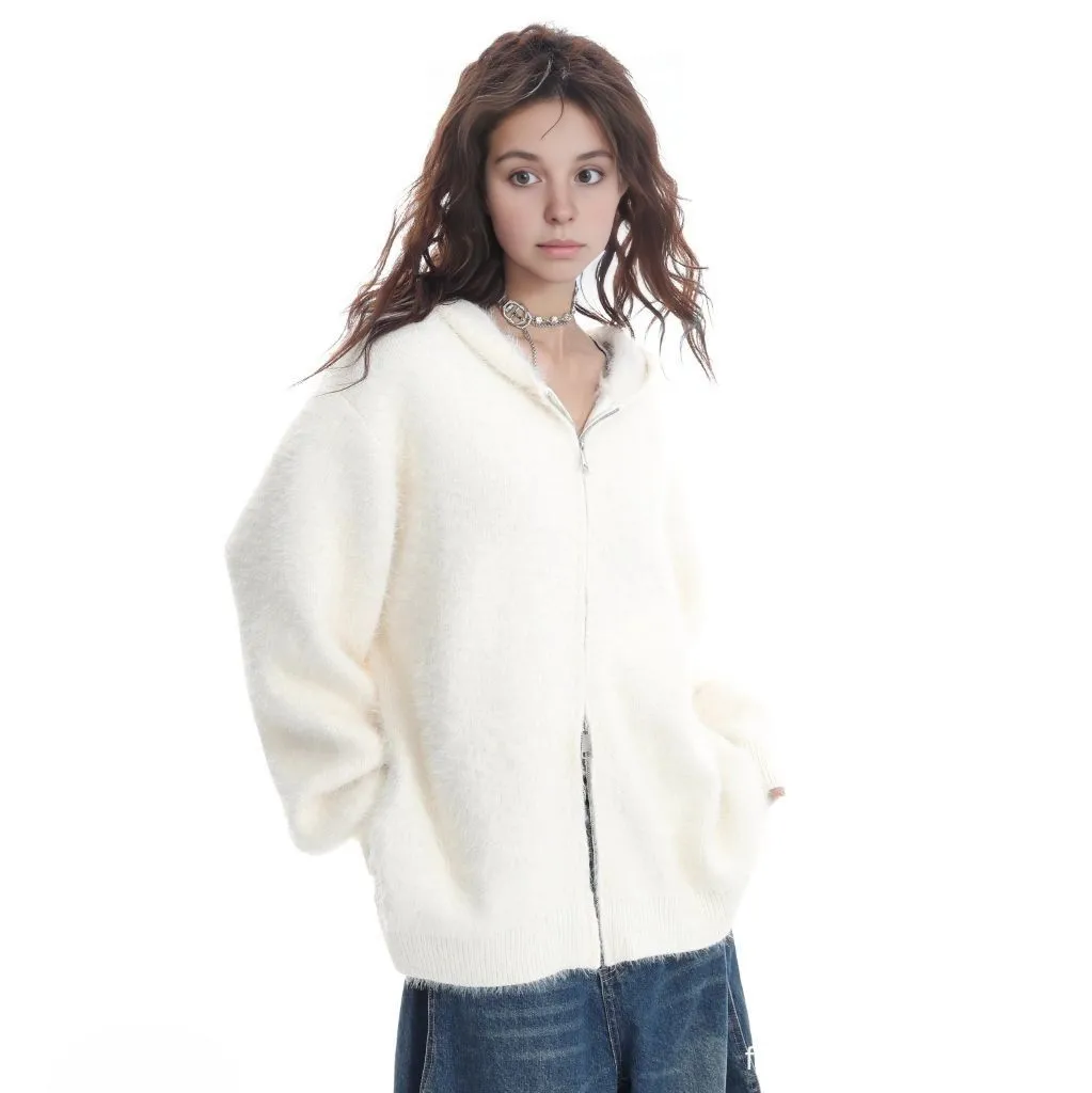 Early Fall White Double Zip Hooded Mink Fleece Sweater Jacket Cardigan Women's Fall, Winter, Spring and Autumn Mohair Top