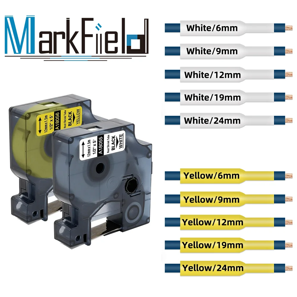 Markfiled 18056 Compatible for DYMO Industrial Heat Shrink Tubes White/Yellow 6mm 12mm 18051 18052 Label Pinter Rhino3000,1000