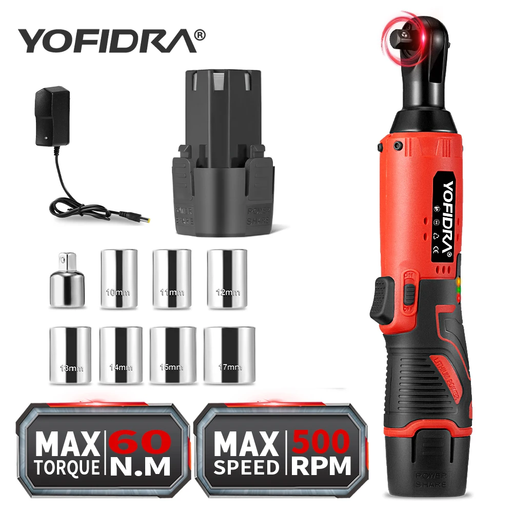 YOFIDRA 3/8 Inch 60N.M Electric Right Angle Ratchet Wrench 12V Cordless Rechargeable Removal Screw Nut Car Repair Power Tool