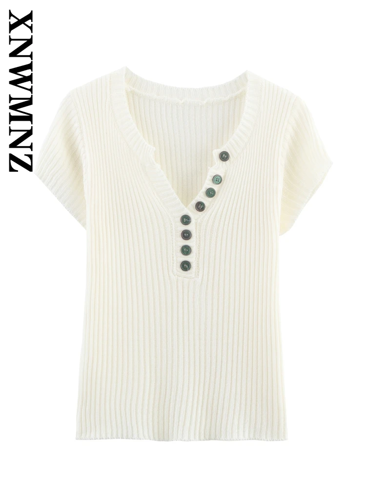 XNWMNZ 2025 Zomer Vrouwelijke Vintage Woon-werkverkeer V-kraag Gebreid T-shirt Casual Lente Vrouw Korte Mouw Trui Mode Trui
