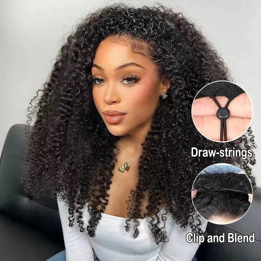 

Bling hair Kinky Curly Human Hair Half Wig 14 16 Inch 180% Density 3 In 1 Seamless Flip Over Half Wigs Human Hair Glueless Ready To Go Beginner Friendly Deep Wave Human Hair Wigs For Women