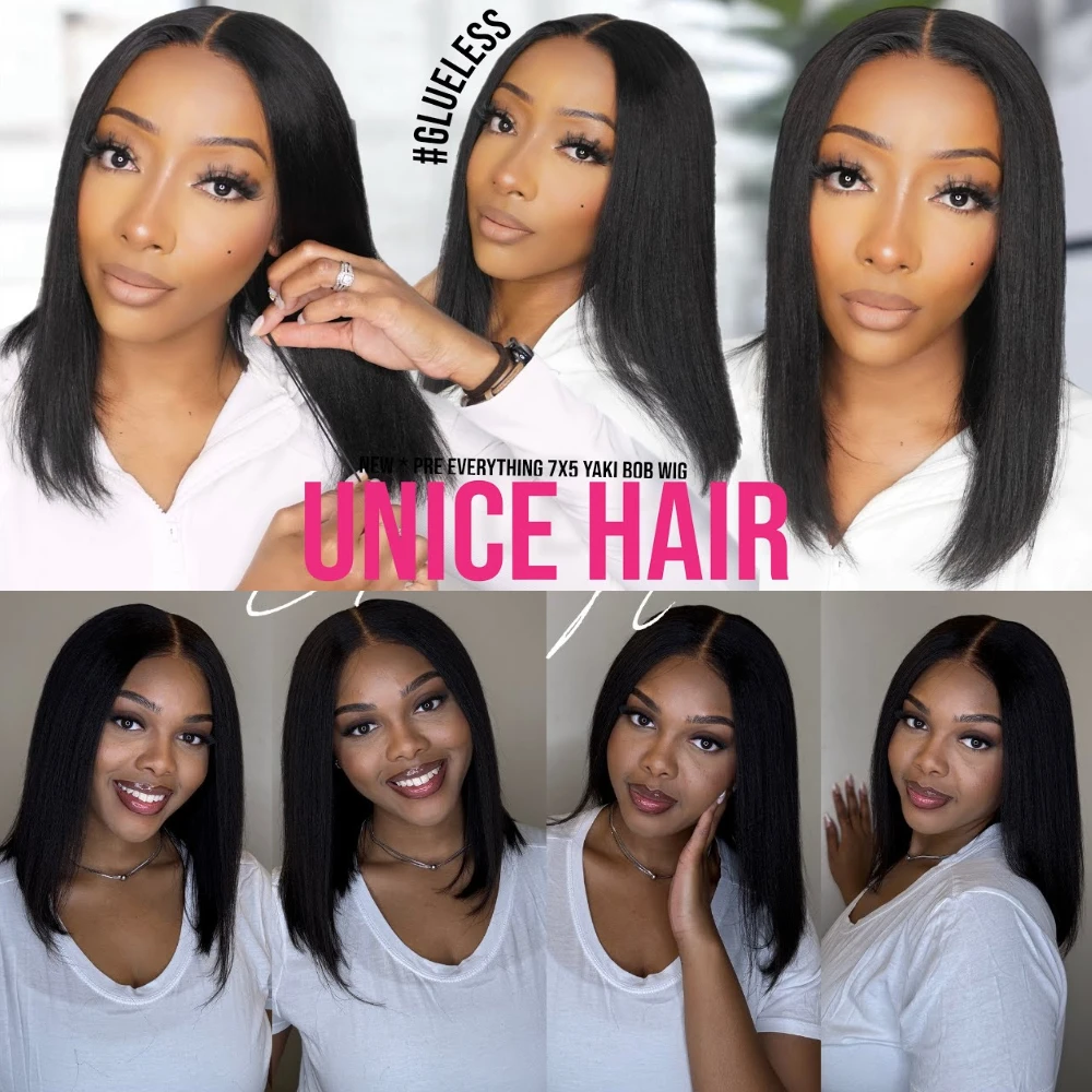 UNice 100% Human Hair Natural Black Yaki Straight Bob Wig With Drawstring No-Slip 7x5 Lace Glueless Short Human Hair Wigs view 4