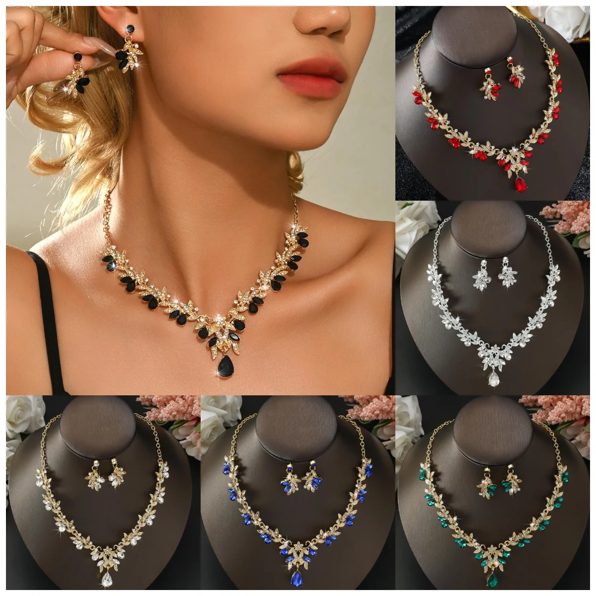 Modisches, funkelndes Blatt-Wassertropfen-Schmuckset für Damen, leichter Luxus-Stil, wunderschöner und eleganter Schmuck